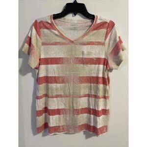 Relativity Womens Size 1x Vneck Beige Striped Short Sleeved Shirt! A1482